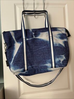 NWT Blue Tie-Dye Denim Canvas Tote with Striped Handles